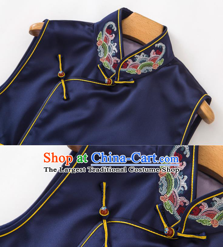 Chinese Tang Suit Navy Silk Waistcoat Classical Embroidered Vest National Women Clothing