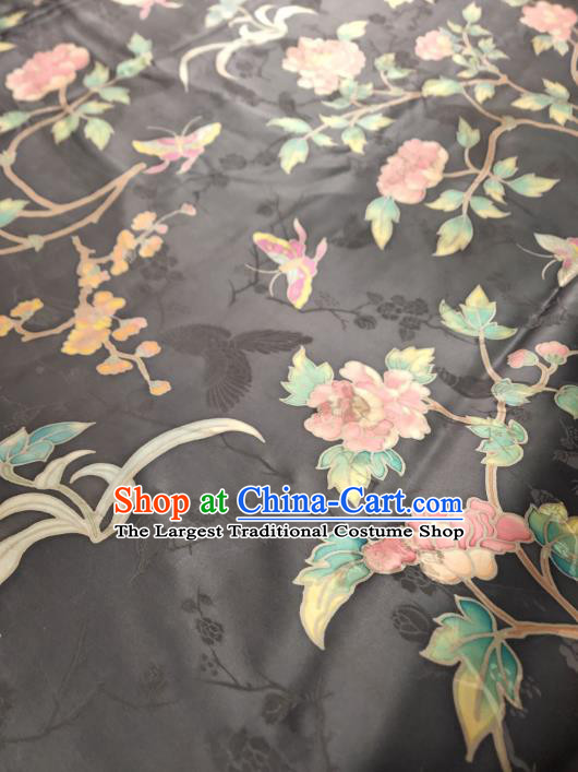 China Classical Silk Cloth Traditional Flowers Pattern Deep Grey Gambiered Guangdong Gauze Cheongsam Satin Fabric