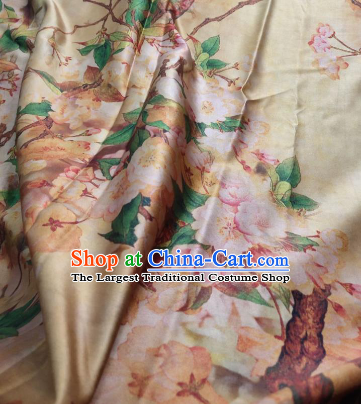 China Yellow Satin Cloth Traditional Begonia Pattern Gambiered Guangdong Gauze Cheongsam Silk Fabric