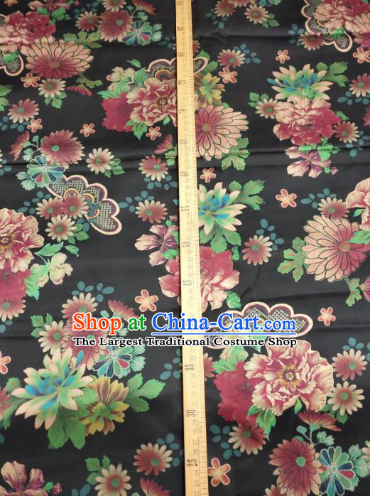 China Cheongsam Gambiered Guangdong Gauze Traditional Silk Fabric Classical Chrysanthemum Pattern Black Satin Cloth