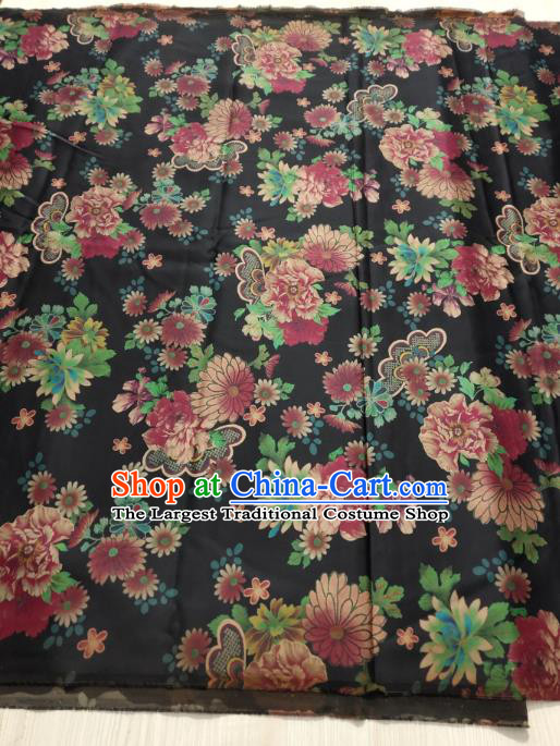 China Cheongsam Gambiered Guangdong Gauze Traditional Silk Fabric Classical Chrysanthemum Pattern Black Satin Cloth