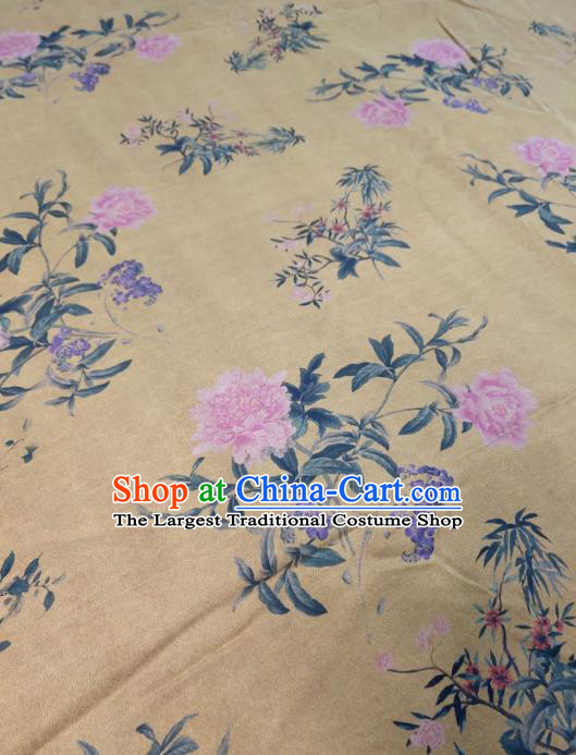 China Classical Peony Pattern Yellow Satin Cloth Cheongsam Gambiered Guangdong Gauze Traditional Silk Fabric