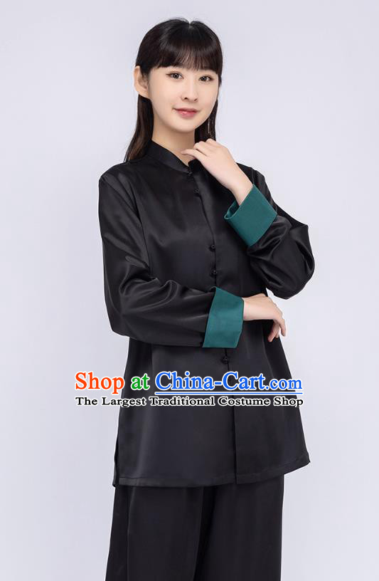 China Traditional Tang Suit Costumes Woman Martial Arts Competition Black Silk Uniforms
