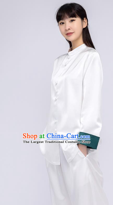 China Woman Kung Fu White Silk Uniforms Traditional Tang Suit Costumes Shirt and Pants