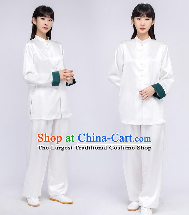 China Woman Kung Fu White Silk Uniforms Traditional Tang Suit Costumes Shirt and Pants