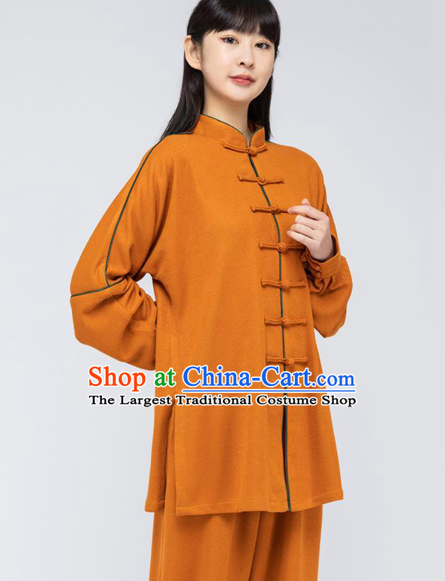 China Traditional Kung Fu Costumes Shirt and Pants Woman Tai Chi Orange Flax Uniforms
