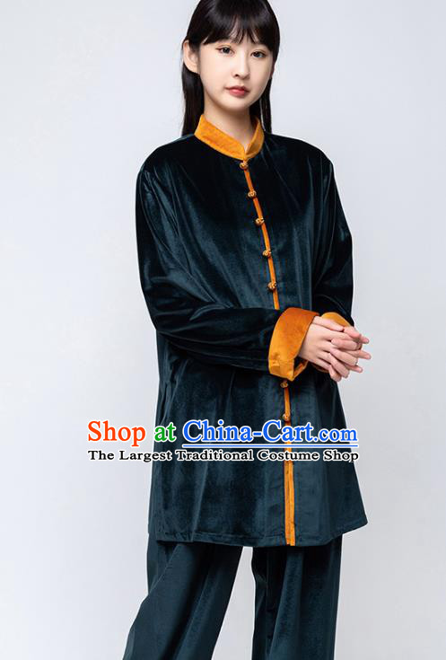 China Woman Tai Chi Training Navy Pleuche Uniforms Traditional Kung Fu Costumes Martial Arts Competition Clothing