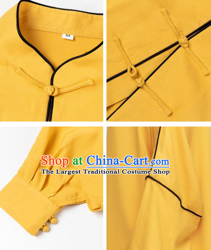China Woman Tai Chi Training Uniforms Traditional Wushu Performance Costumes Yellow Shirt and White Pants