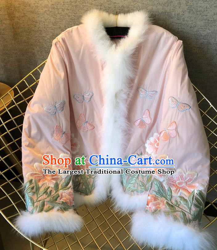 China Traditional Tang Suit Outer Garment Winter Woman Embroidered Pink Cotton Padded Jacket