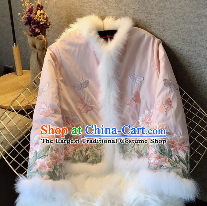 China Traditional Tang Suit Outer Garment Winter Woman Embroidered Pink Cotton Padded Jacket