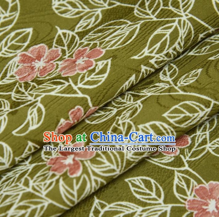 Traditional Japanese Kimono Olive Green Silk Fabric Asian Japan Classical Leaf Pattern Wafuku Brocade Tapestry