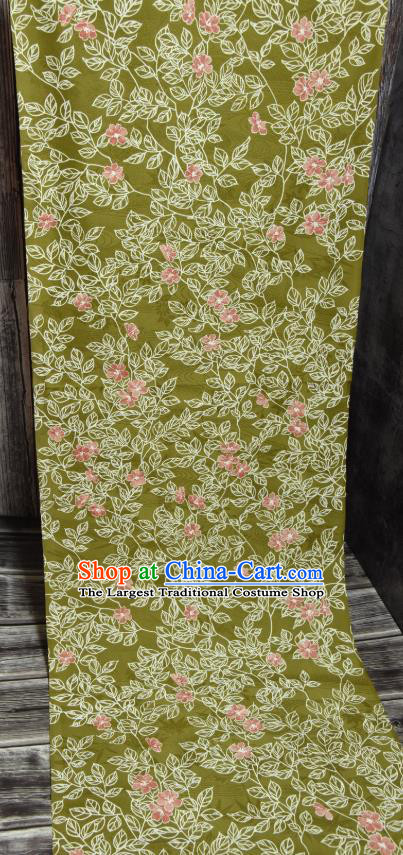 Traditional Japanese Kimono Olive Green Silk Fabric Asian Japan Classical Leaf Pattern Wafuku Brocade Tapestry