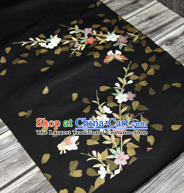 Traditional Japanese Kimono Pure Silk Fabric Asian Japan Classical Sakura Butterfly Pattern Wafuku Black Brocade Tapestry