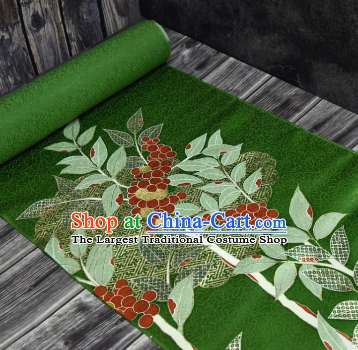 Japanese Kimono Green Silk Fabric Gold Blocking Leaf Pattern Qipao Dress Cloth