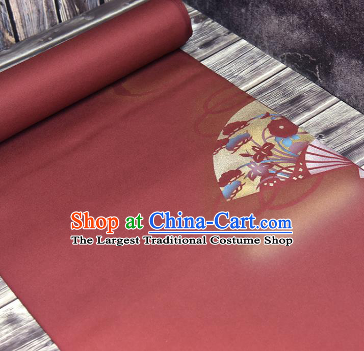 Traditional Japanese Fan Pattern Pure Silk Fabric Asian Japan Kimono Wine Red Brocade Material