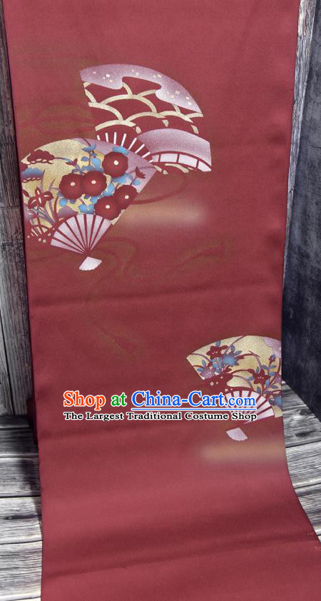 Traditional Japanese Fan Pattern Pure Silk Fabric Asian Japan Kimono Wine Red Brocade Material
