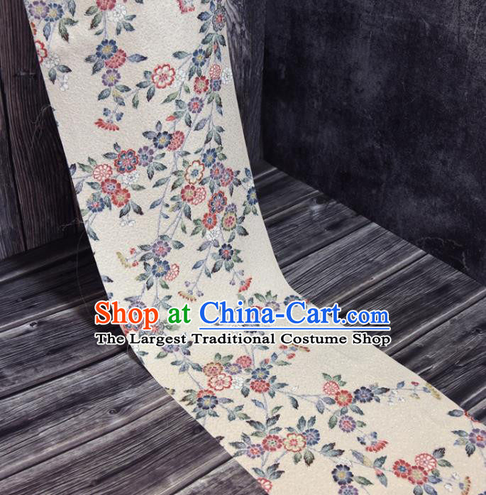 Asian Japan Kimono Beige Brocade Tapestry Traditional Dress Flowers Pattern Silk Fabric