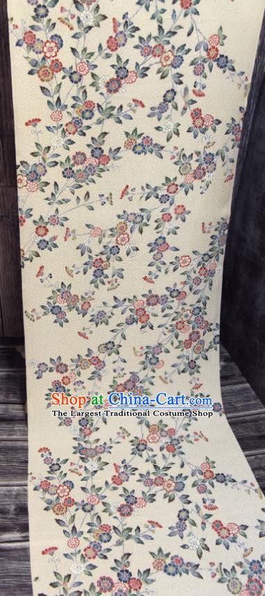 Asian Japan Kimono Beige Brocade Tapestry Traditional Dress Flowers Pattern Silk Fabric