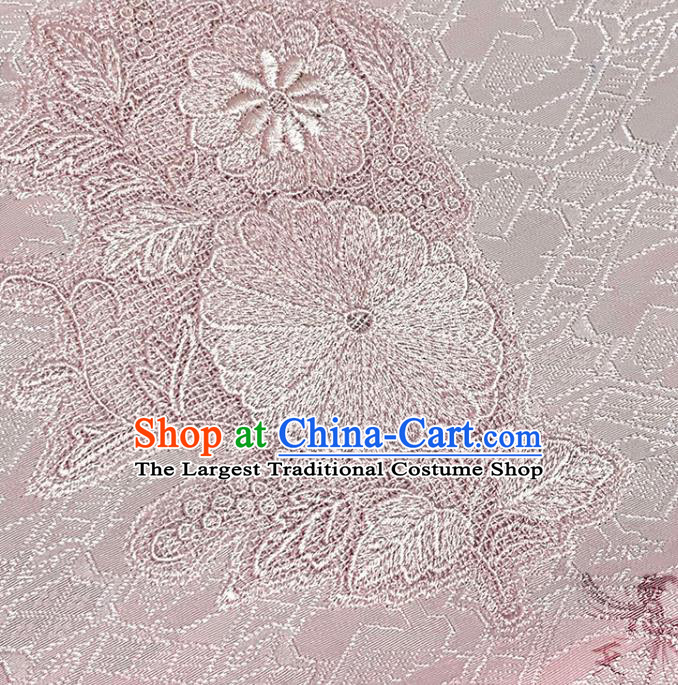 Traditional Japanese Pure Silk Fabric Asian Japan Kimono Embroidered Pattern Pink Brocade Material