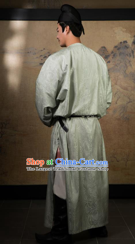 China Ancient Scholar Light Green Silk Robe Traditional Tang Dynasty Nobility Childe Hanfu Clothing for Men