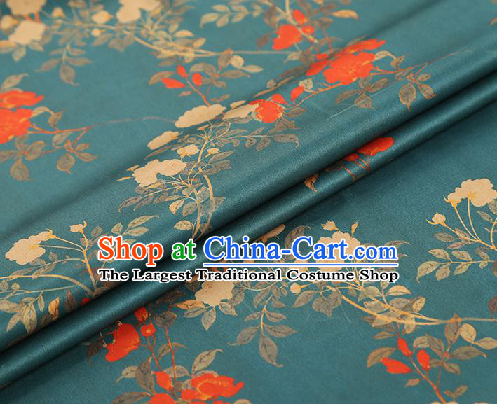 Asian China Traditional Cheongsam Gambiered Guangdong Gauze Cloth Classical Printing Flowers Pattern Lake Blue Silk Fabric