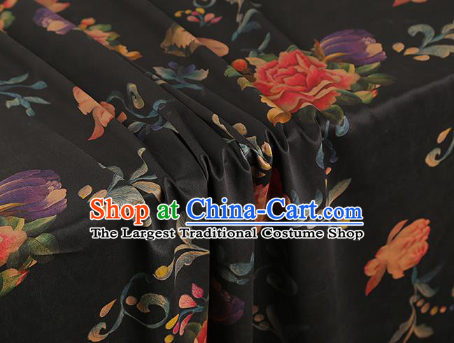 Asian China Classical Peony Pattern Black Silk Fabric Traditional Brocade Cheongsam Gambiered Guangdong Gauze