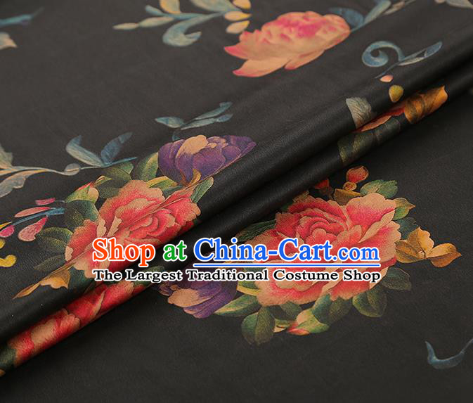 Asian China Classical Peony Pattern Black Silk Fabric Traditional Brocade Cheongsam Gambiered Guangdong Gauze