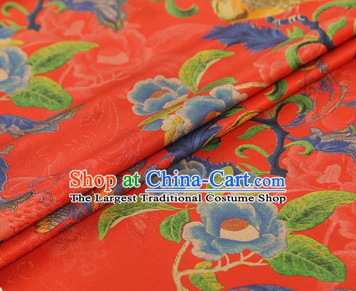 Asian China Classical Flowers Birds Pattern Red Silk Fabric Traditional Cheongsam Gambiered Guangdong Gauze Brocade