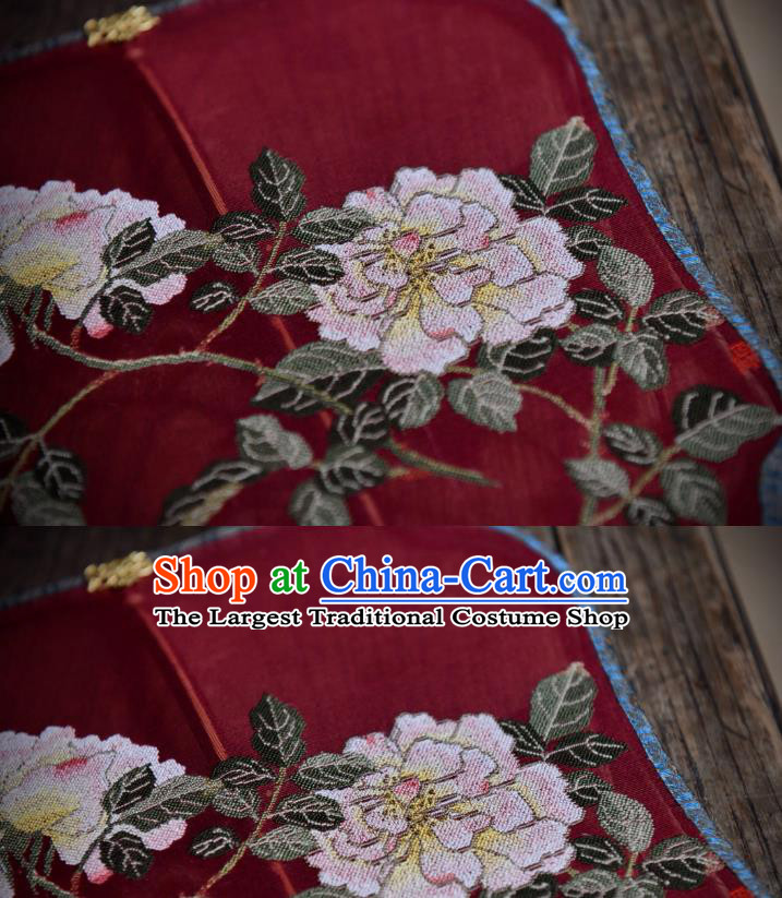 China Wedding Red Silk Fan Handmade Rose Pattern Palace Fan Traditional Ming Dynasty Imperial Consort Fan