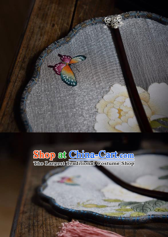 China Traditional Song Dynasty Princess Fan White Silk Fan Handmade Peony Butterfly Pattern Palace Fan