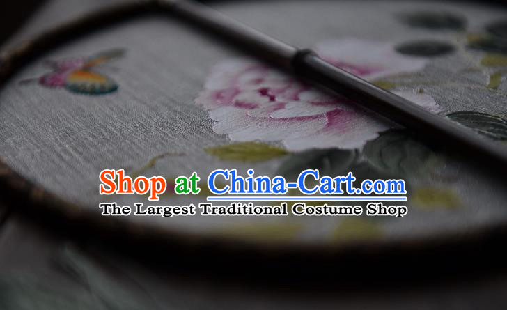 China Silk Fan Handmade Peony Pattern Palace Fan Traditional Ming Dynasty Princess Circular Fan