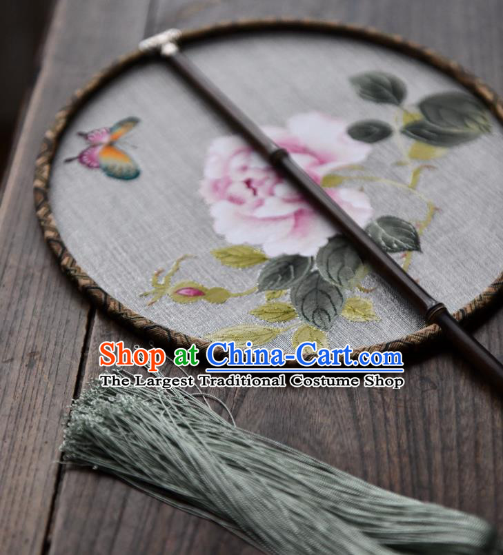 China Silk Fan Handmade Peony Pattern Palace Fan Traditional Ming Dynasty Princess Circular Fan