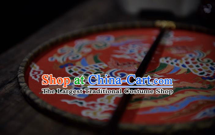 China Ancient Ming Dynasty Princess Wedding Circular Fan Handmade Clouds Phoenix Pattern Palace Fan Traditional Red Silk Fan