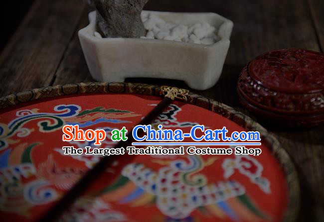 China Ancient Ming Dynasty Princess Wedding Circular Fan Handmade Clouds Phoenix Pattern Palace Fan Traditional Red Silk Fan