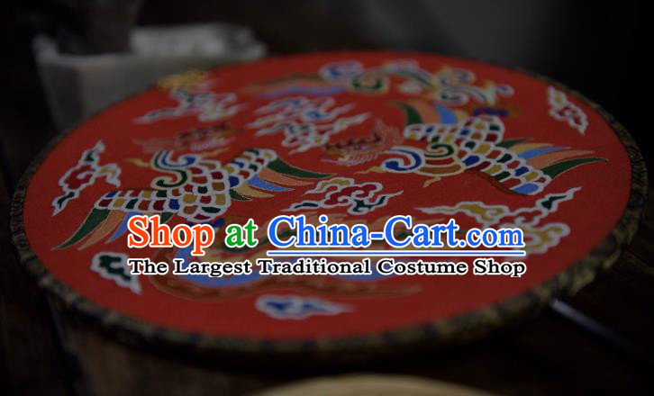 China Ancient Ming Dynasty Princess Wedding Circular Fan Handmade Clouds Phoenix Pattern Palace Fan Traditional Red Silk Fan