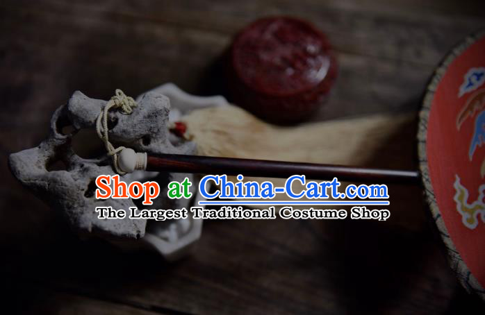 China Ancient Ming Dynasty Princess Wedding Circular Fan Handmade Clouds Phoenix Pattern Palace Fan Traditional Red Silk Fan