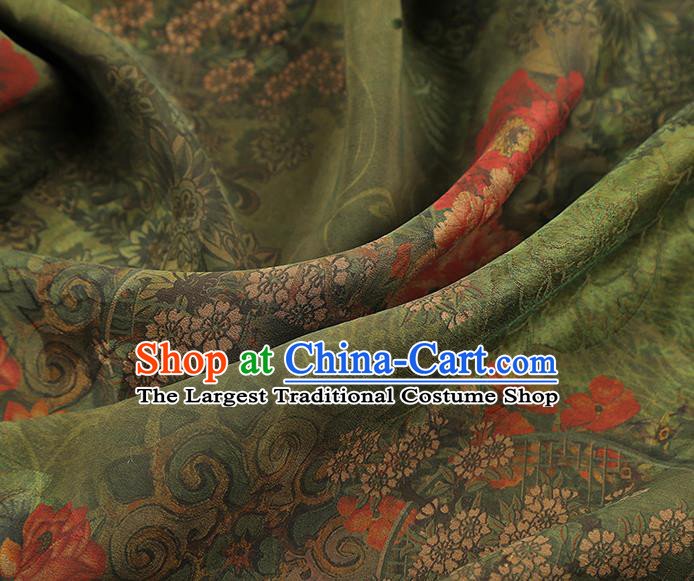 China Classical Cheongsam Gambiered Guangdong Gauze Drapery Traditional Peony Pattern Green Silk Fabric