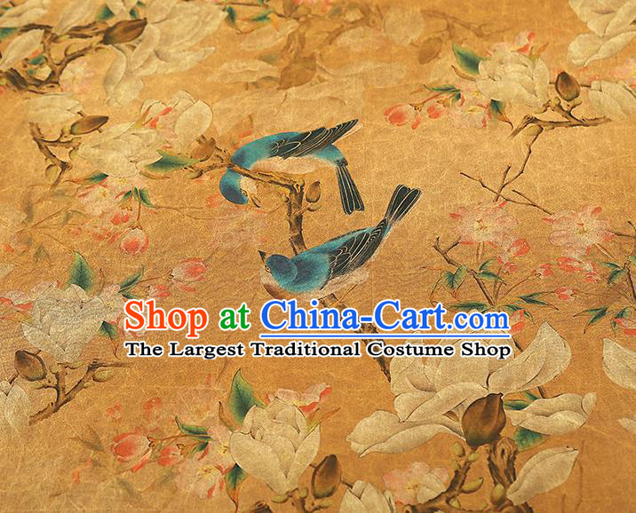 China Traditional Mangnolia Birds Pattern Gambiered Guangdong Gauze Classical Cheongsam Yellow Silk Fabric