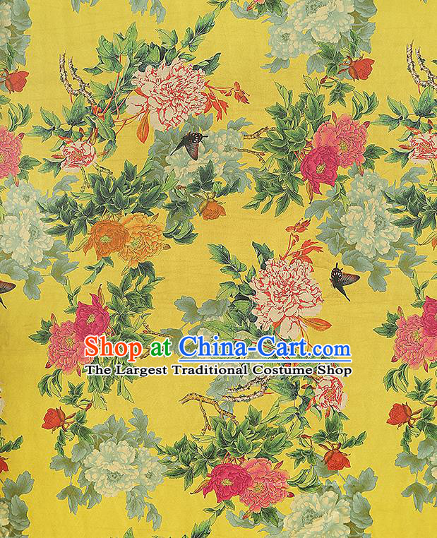 China Classical Peony Pattern Cheongsam Silk Fabric Traditional Yellow Gambiered Guangdong Gauze