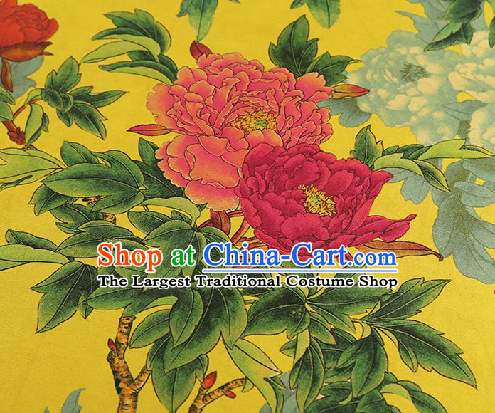 China Classical Peony Pattern Cheongsam Silk Fabric Traditional Yellow Gambiered Guangdong Gauze