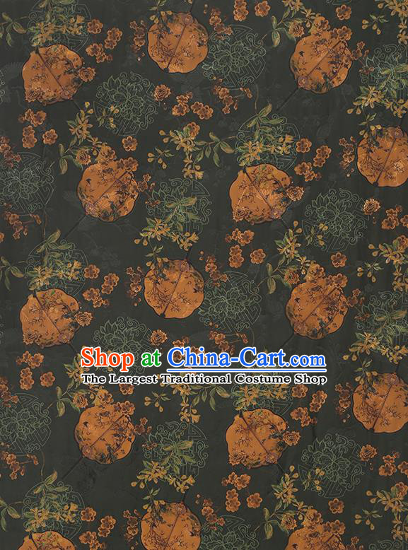 China Traditional Atrovirens Gambiered Guangdong Gauze Drapery Classical Plum Fan Pattern Cheongsam Silk Fabric