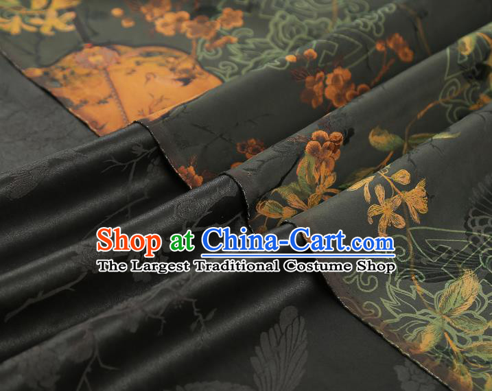China Traditional Atrovirens Gambiered Guangdong Gauze Drapery Classical Plum Fan Pattern Cheongsam Silk Fabric