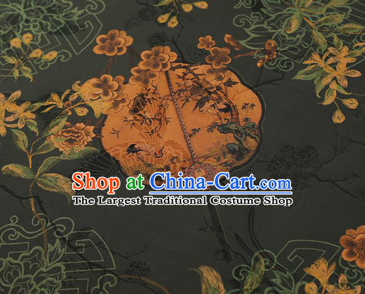 China Traditional Atrovirens Gambiered Guangdong Gauze Drapery Classical Plum Fan Pattern Cheongsam Silk Fabric