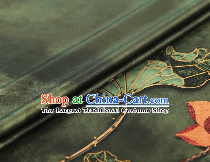 China Traditional Dark Green Brocade Classical Lotus Pattern Qipao Dress Silk Fabric Gambiered Guangdong Gauze