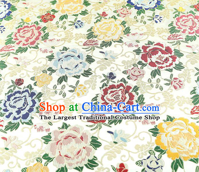 China Traditional Cheongsam White Nanjing Brocade Classical Peony Pattern Silk Fabric