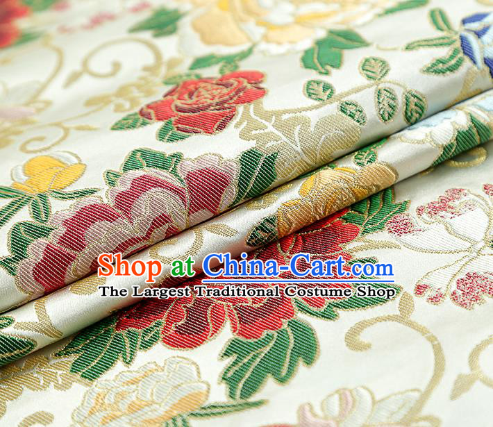 China Traditional Cheongsam White Nanjing Brocade Classical Peony Pattern Silk Fabric