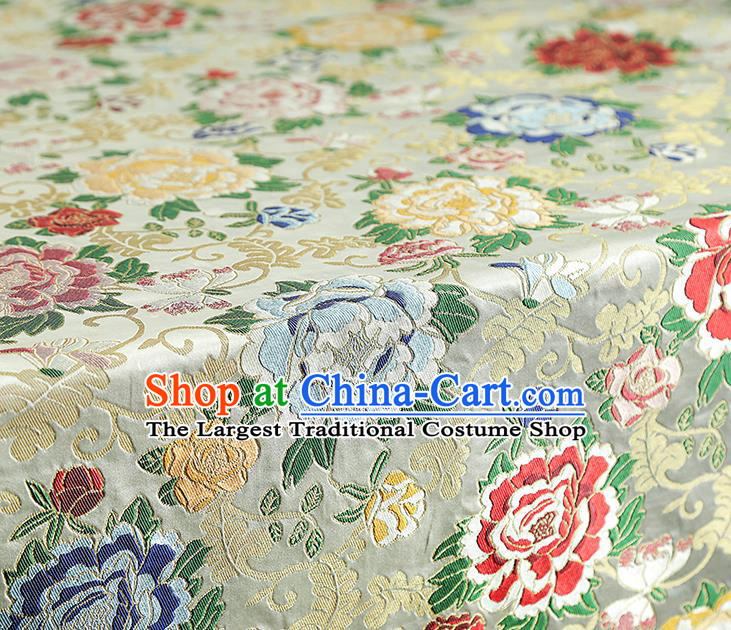 China Traditional Cheongsam White Nanjing Brocade Classical Peony Pattern Silk Fabric