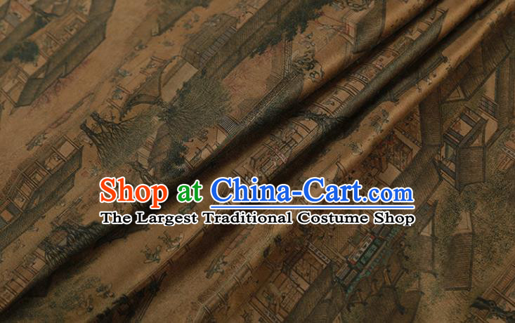 China Gambiered Guangdong Gauze Drapery Classical Riverside Scene at Qingming Festival Pattern Cheongsam Silk Fabric