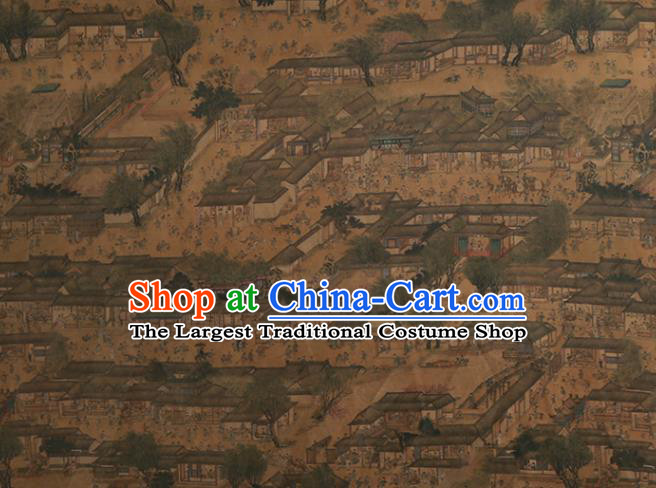 China Gambiered Guangdong Gauze Drapery Classical Riverside Scene at Qingming Festival Pattern Cheongsam Silk Fabric