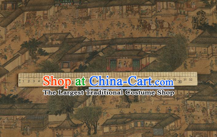 China Gambiered Guangdong Gauze Drapery Classical Riverside Scene at Qingming Festival Pattern Cheongsam Silk Fabric